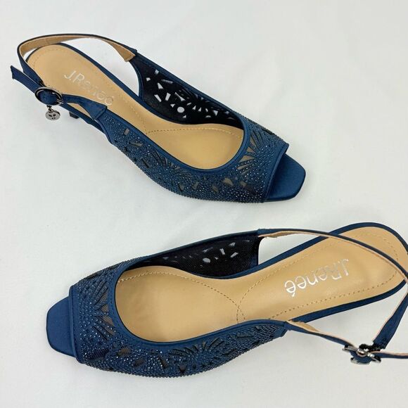 J. Renee ARATA Navy Blue Sparkle Laser Cutout Lace Mesh Open Toe Slingback Heels - Picture 7 of 16